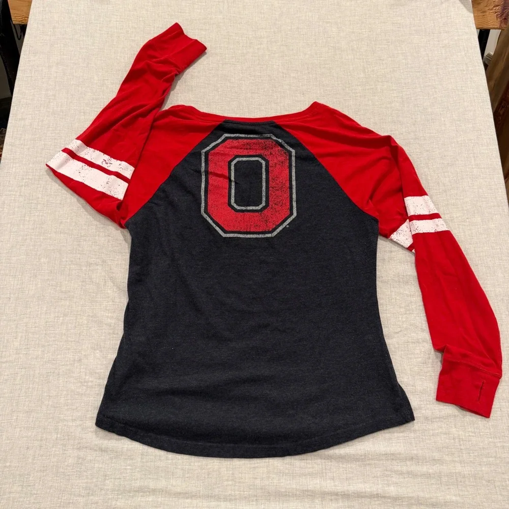 Ohio State Buckeyes Womens XL Varsity Raglan Long Sleeve Tee Red Charcoal Gray